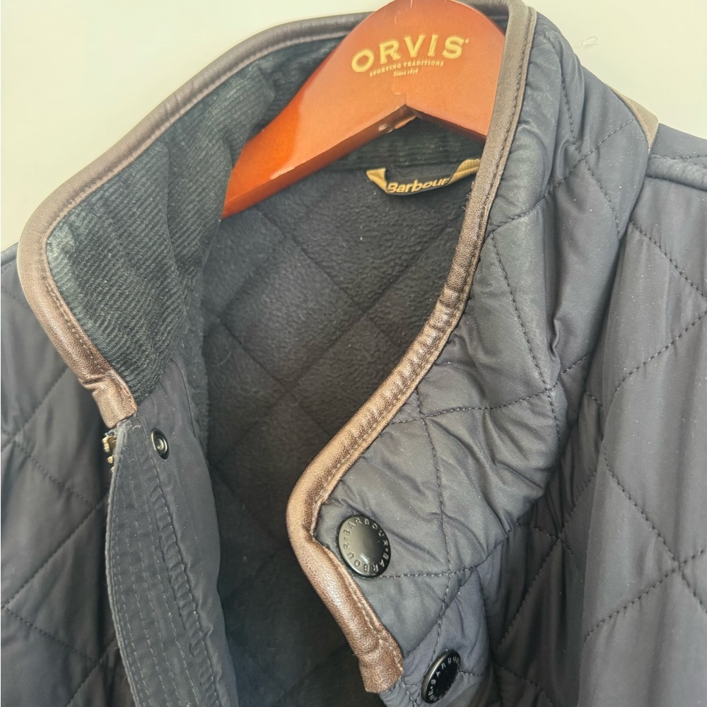 Barbour Navy Quilted Jacket with Brown Trim